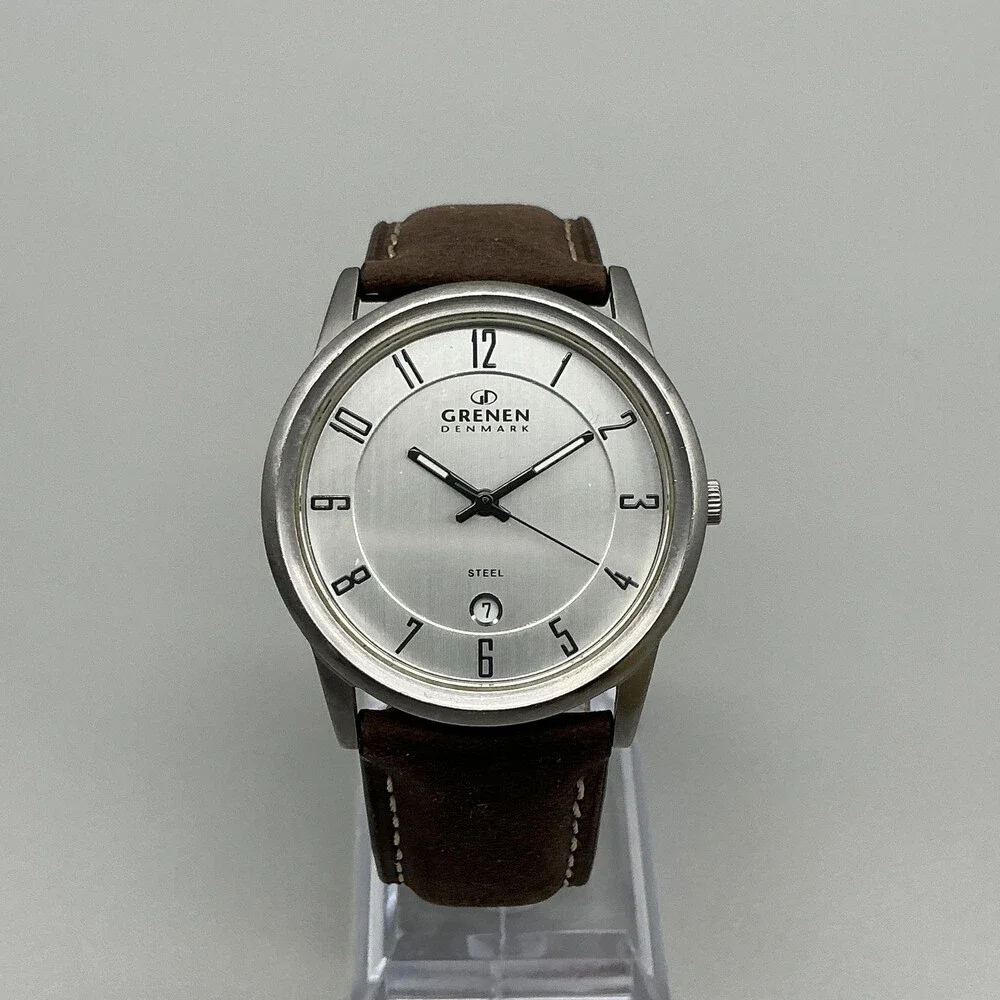 Grenen Denmark Mens Watch 38mm Silver Tone Leather Date L-24XLSLB New Battery